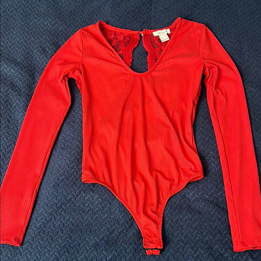 Revamped Red Long Sleeve Bodysuit V-Neck